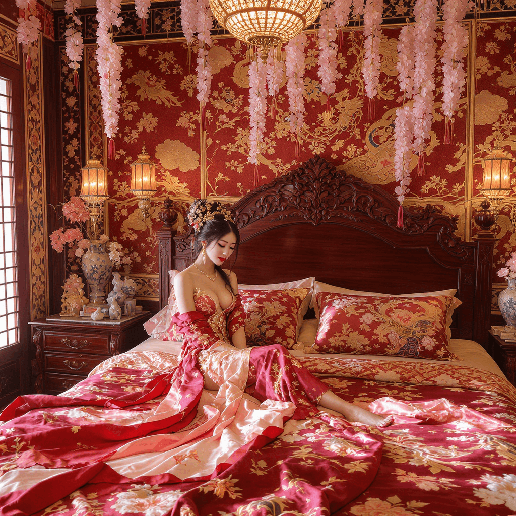 AI generated: (sex:1.4),NSFW,(hanfu),no bra,no panties,
redwood carved bed, mandarin ducks pattern, embroidered s...