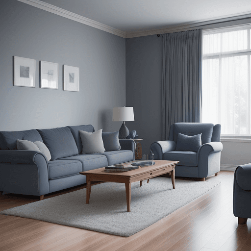 AI generated: Photograph a contemporary living room, soft light of dusk, integration wood flooring, soothing grey ...
