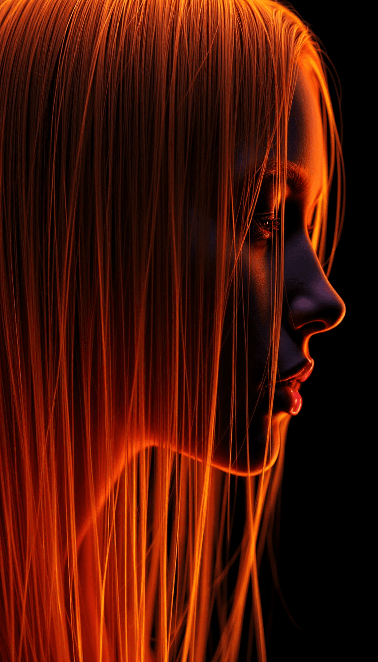 AI generated: string art, black background, long golden thin hair, surrealism, suprematism, fluorescent, highly de...
