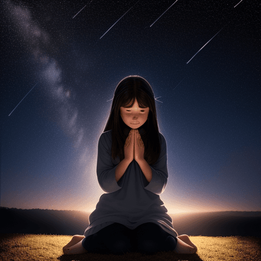AI generated: A girl praying under a sky sparkling with shooting stars
