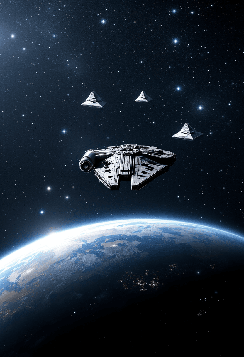 AI generated: a futuristic Star Wars scene of the millennium falcon being chased by 3 Star destroyers. The backgro...