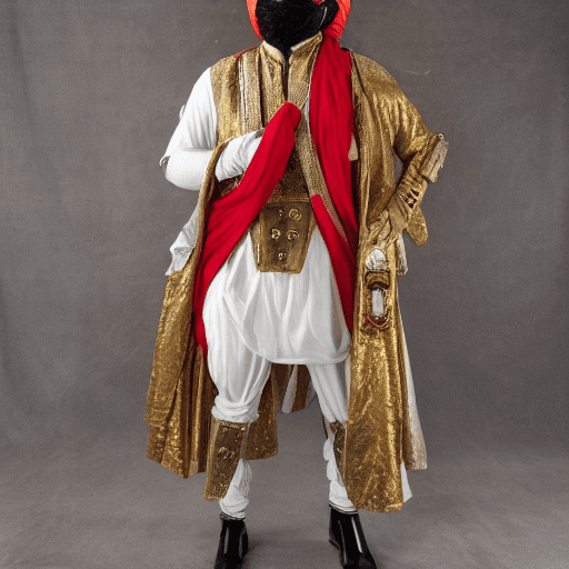 AI generated: 1800s a sikh king, wearing turban and Japanese mecha exoskeleton gundam suit warhammer; long heavy c...