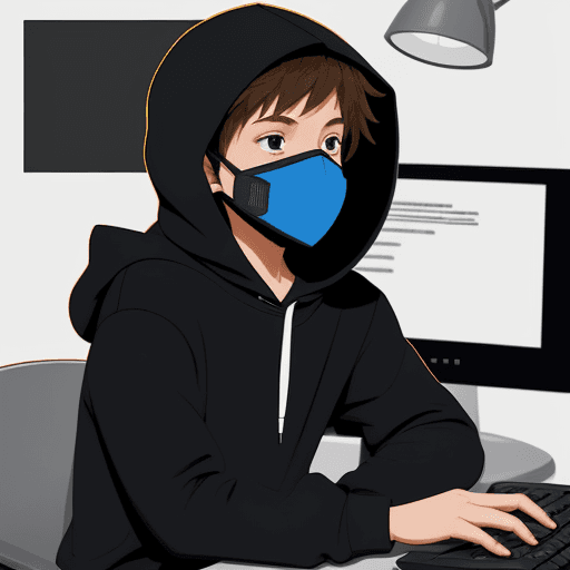 AI generated: Create boy character sitting at desk with keyboard and mouse, looking a computer screen, mask,  wear...