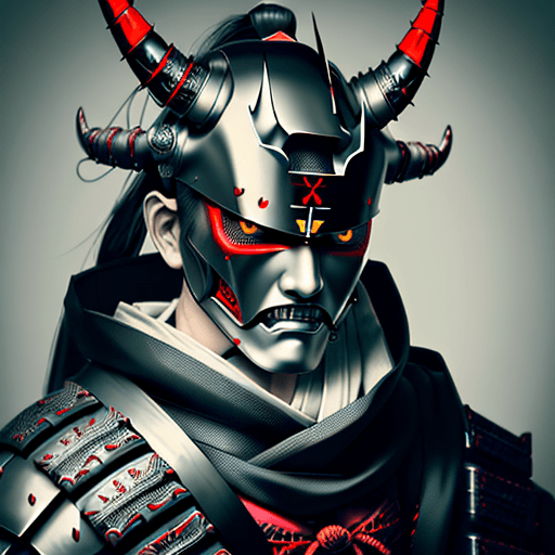 AI generated: Japanese samurai portrait, helmet, eerie, evil, scary ghost like mask, mask has a lot of futuristic ...