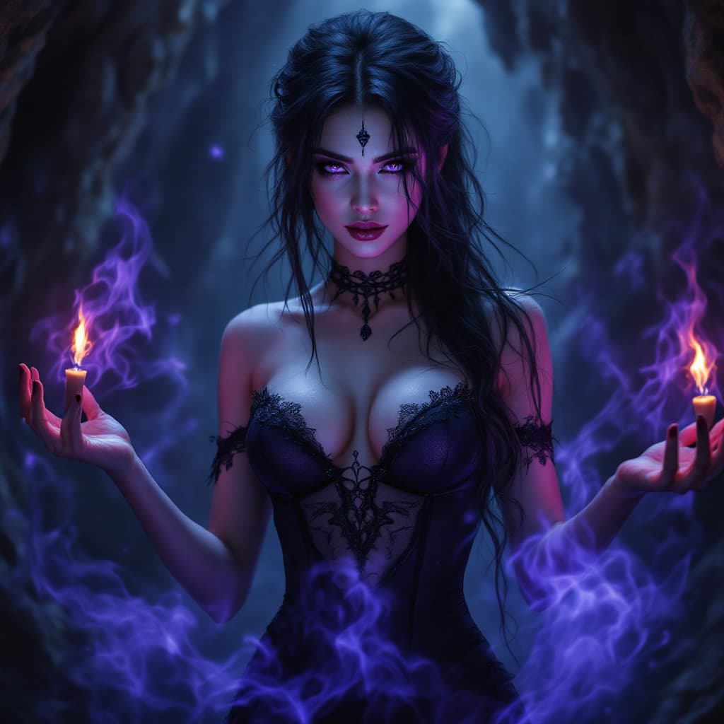 AI generated: Portrait of a beautiful witch with black hair and purple eyes conjuring up a spell to be cast. She i...
