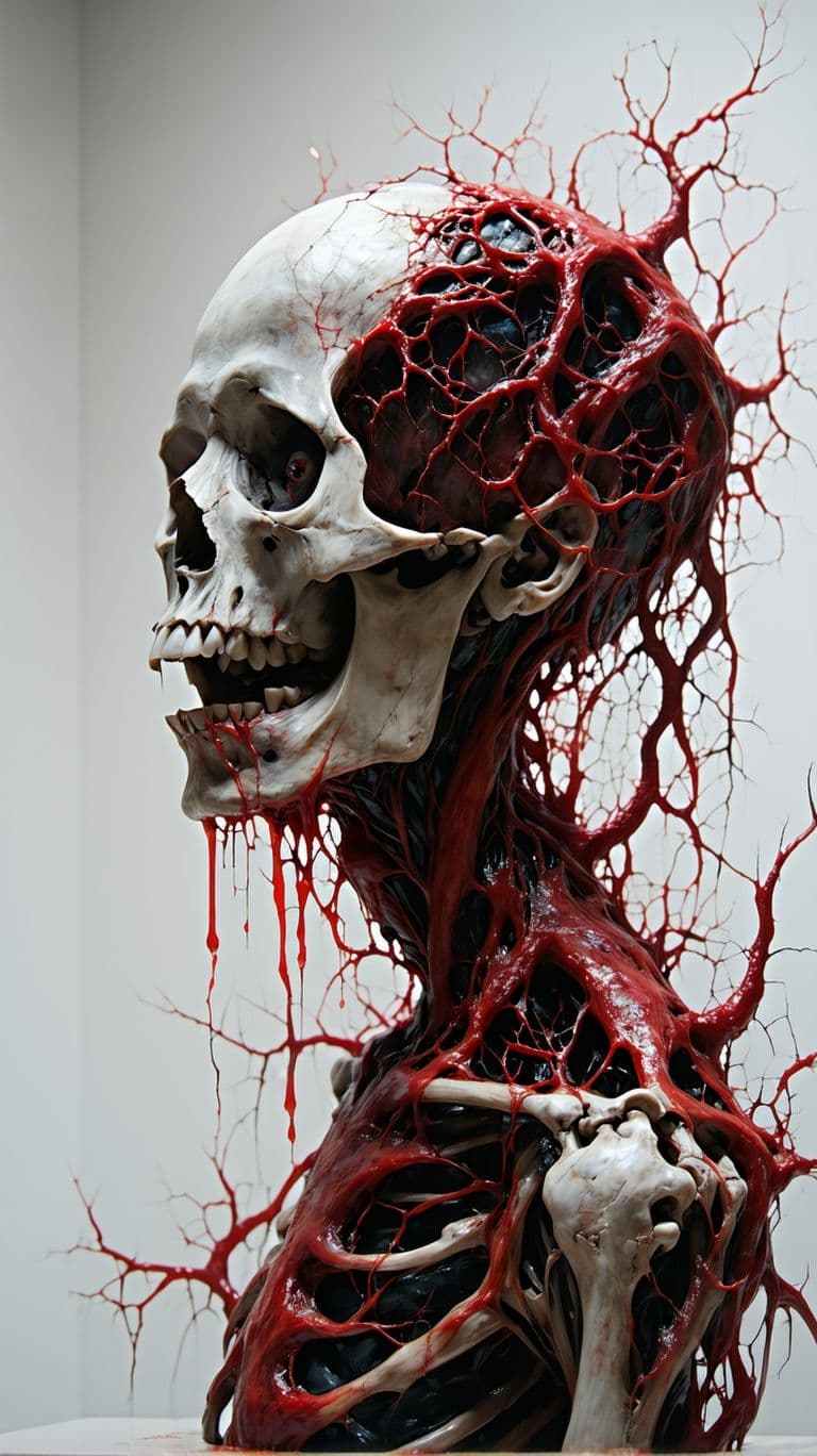 AI generated: Decayed humanoid figure, grotesque, (detailed skeletal structure:1.3), (tissue textures:1.3), (expos...