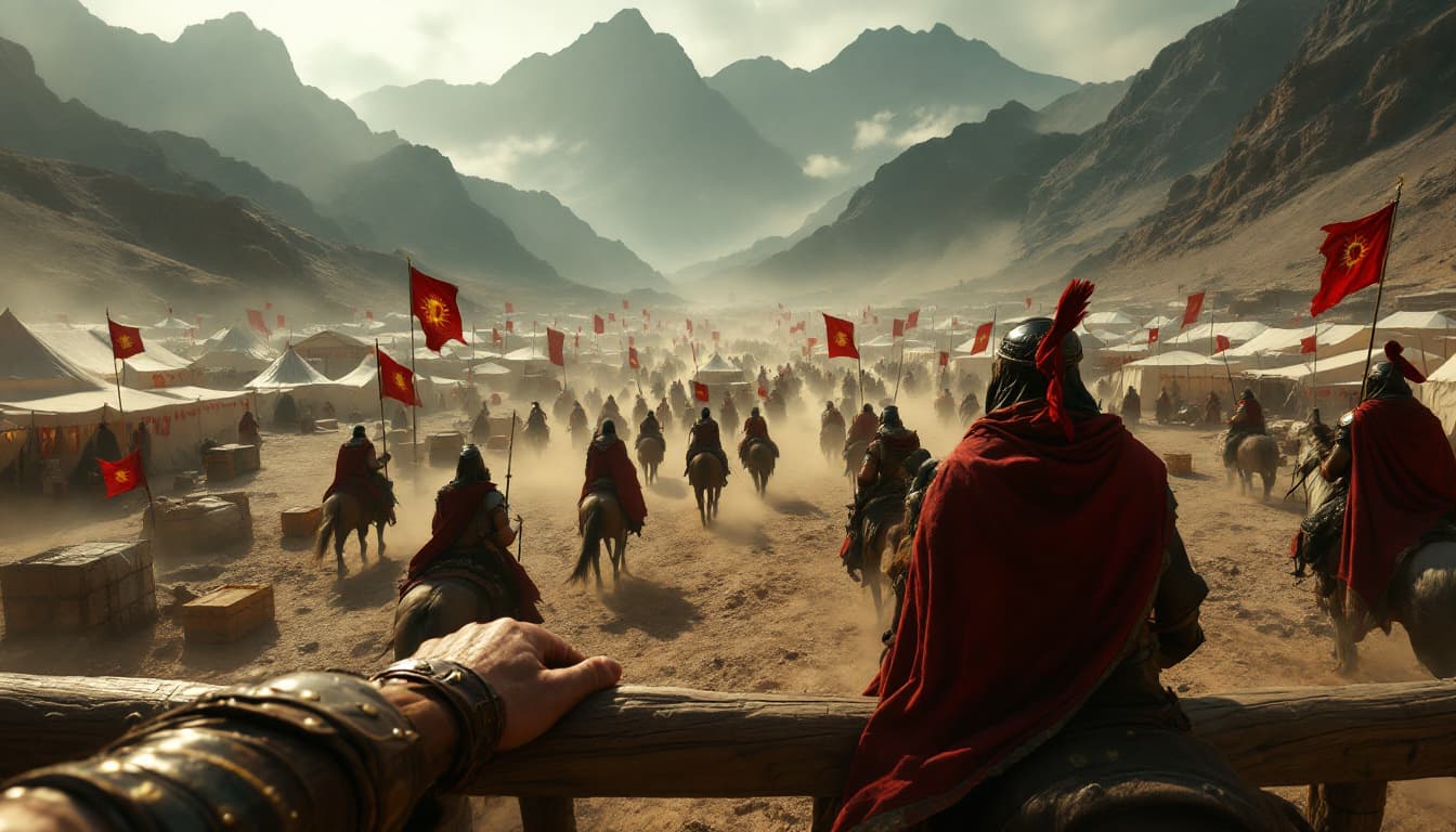 AI generated: Subject: Multiple warriors on horseback move through a military encampment, wearing period armor and...