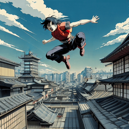 AI generated: a man jumping from a roof to another roof in kyoto, akira anime style, 80's anime style, retrofuture...