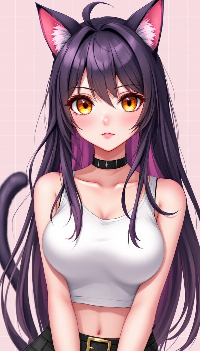 AI generated: Anime-style illustration of a young, attractive female character with long dark purple-pink hair and...