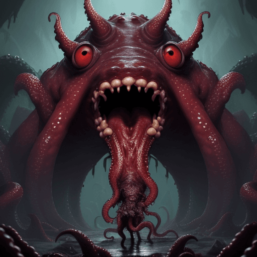 AI generated:  high quality foto of a big bloody monster, moster with grimaces and big very long teeth, everywhere...