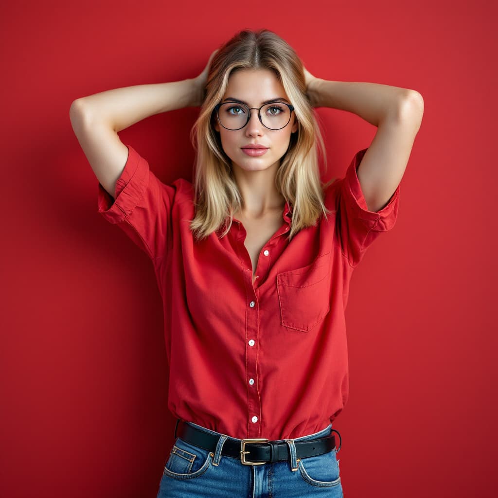 AI generated: 26 yo  German teacher woman with light brown eyes and glasses in the face and raise up arms and smoo...