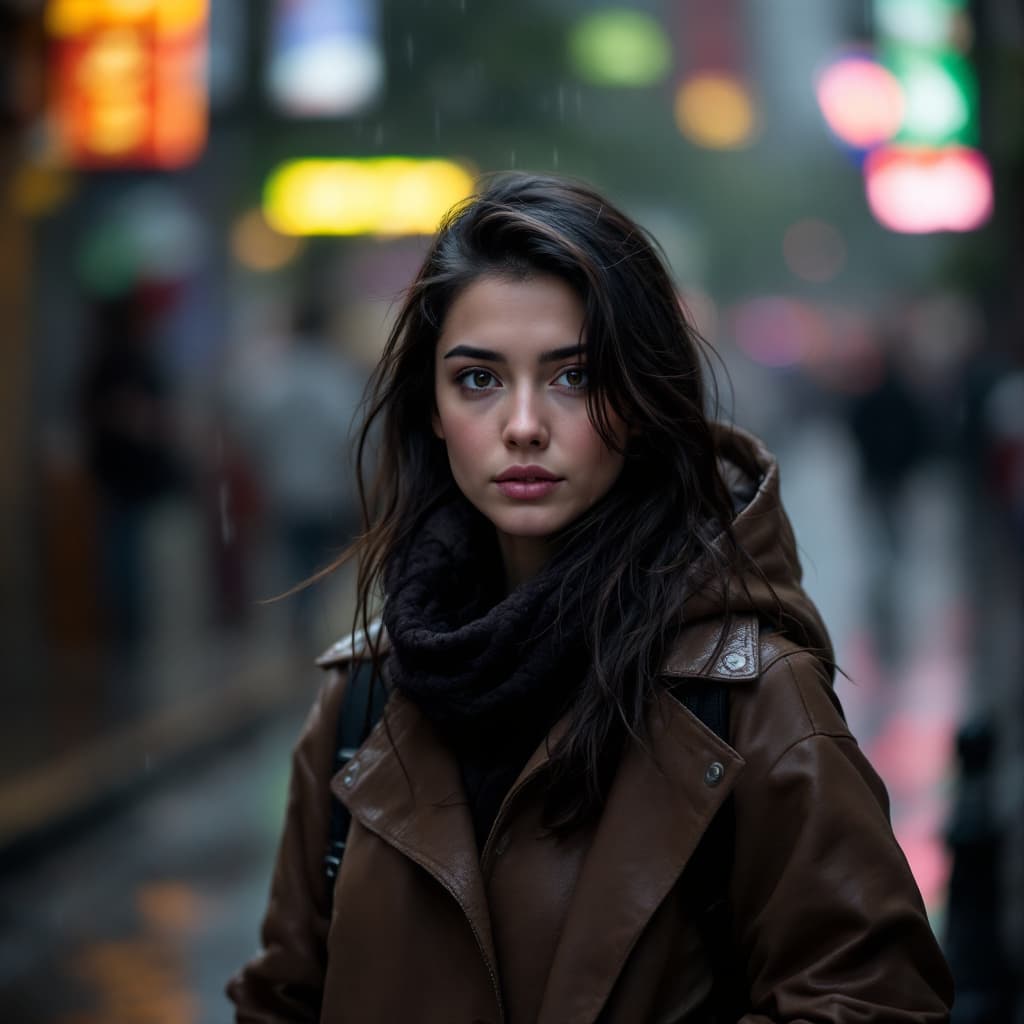 AI generated: A photograph of an young Lady walking in the rain making eye contact with the viewer in a mid-shot v...