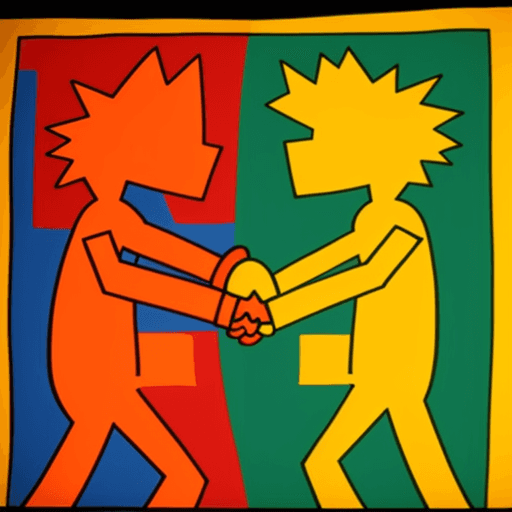 AI generated: Two guys handshake in the style of Keith Haring