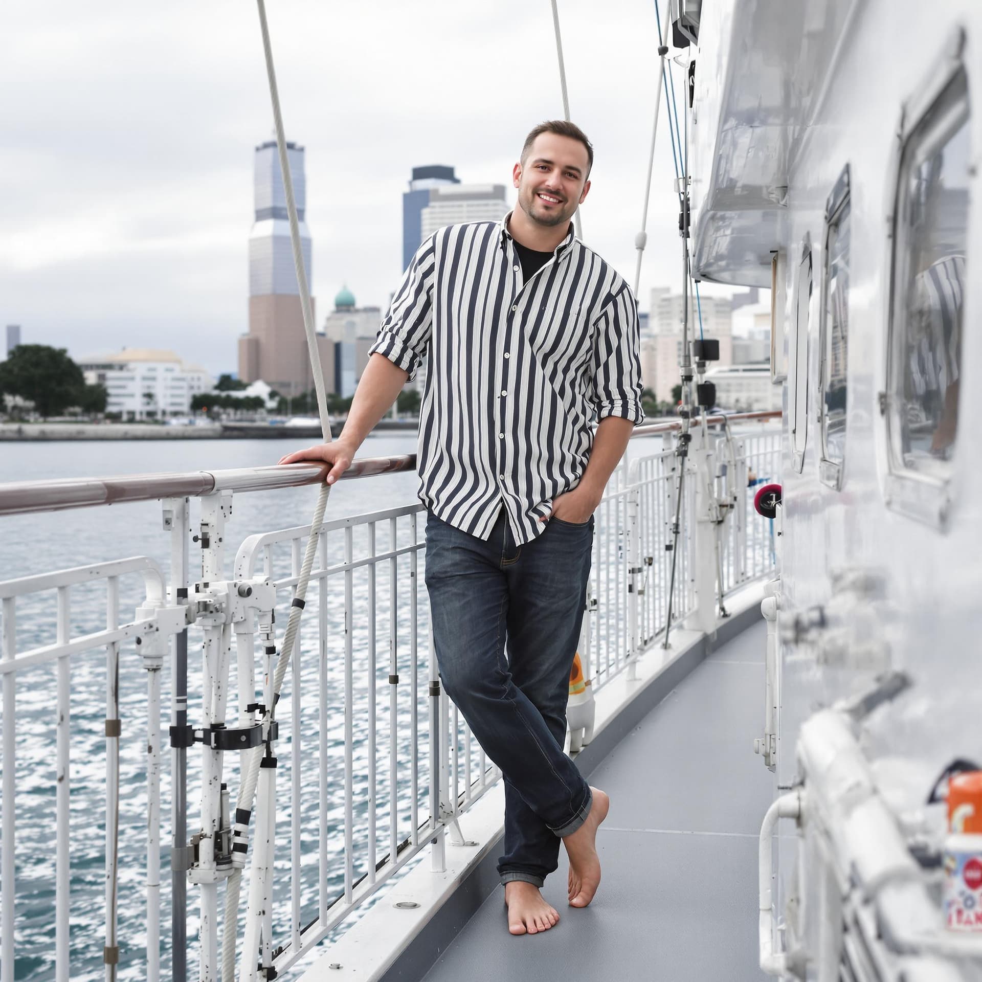 AI generated: create a image for this "A man standing on a boat deck, looking at the camera." in a striped shirt a...