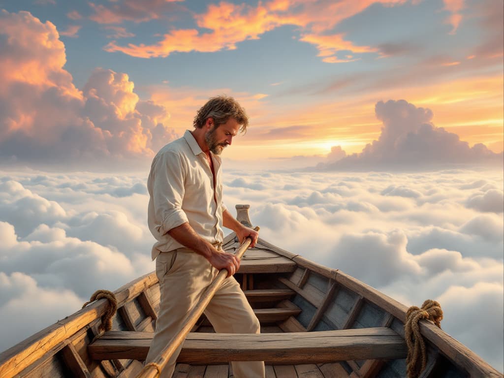 AI generated: A photorealistic depiction of a man in a traditional wooden boat rowing through an endless sea of so...