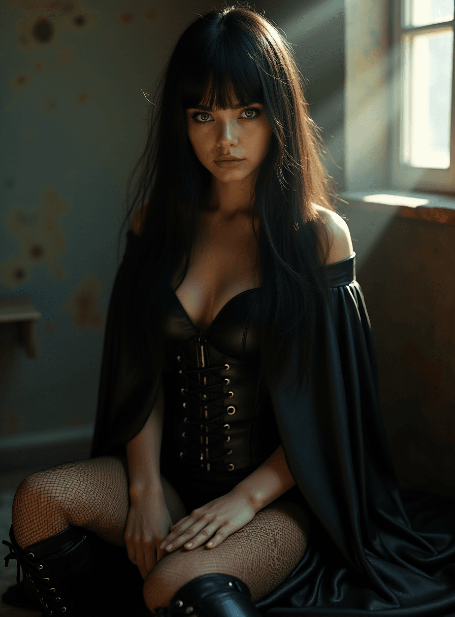 AI generated: stunning, gorgeous, 25 year old European girl, long straight black hair with bangs, large expressive...