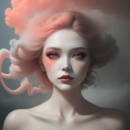 AI generated: portrait of a woman covered in cloud of smoke, whirlwind, coral highlight colors, coral make-up, hin...