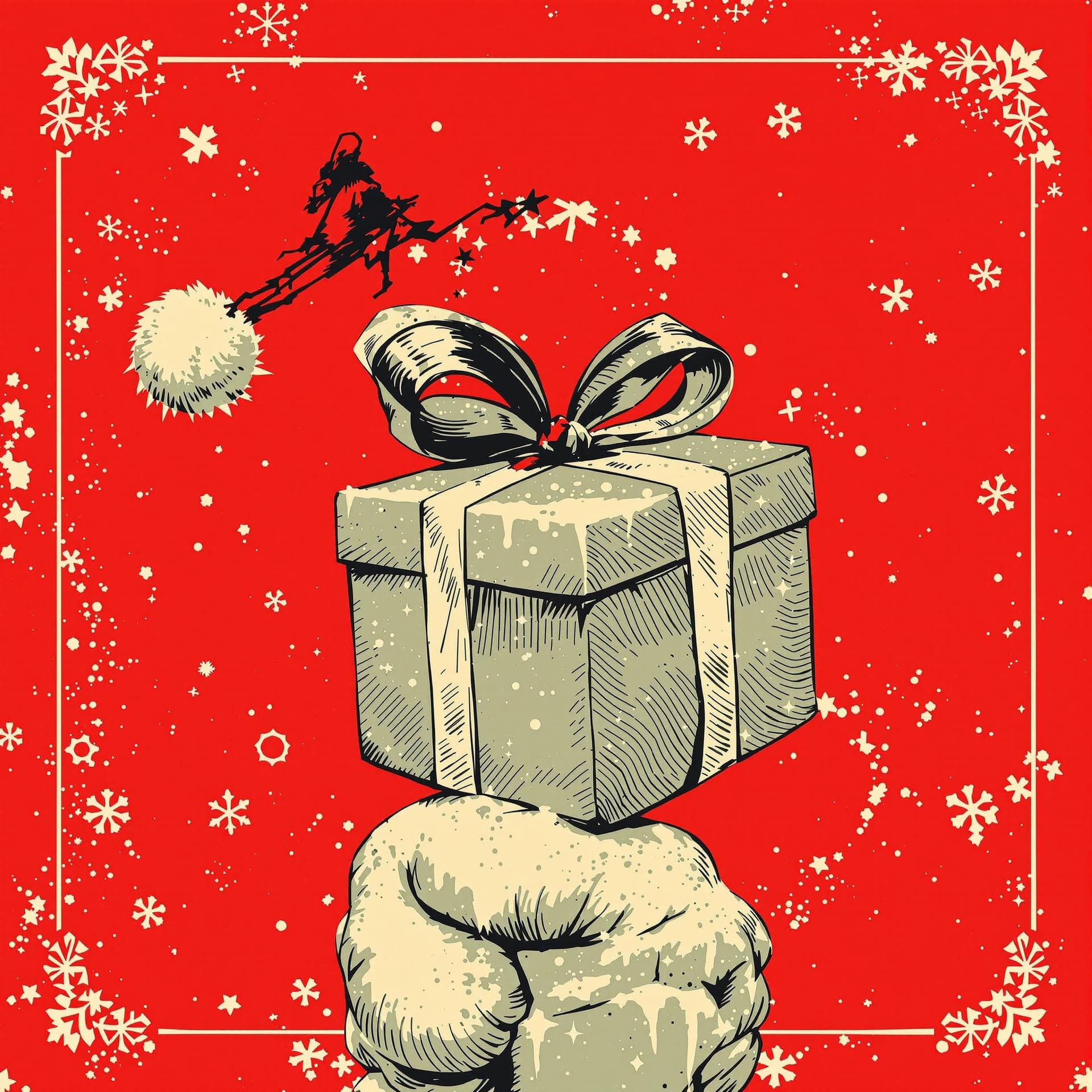 AI generated: in the style of rock album covers, Christmas gift close-up, red, vintage-inspired designs, detail-or...
