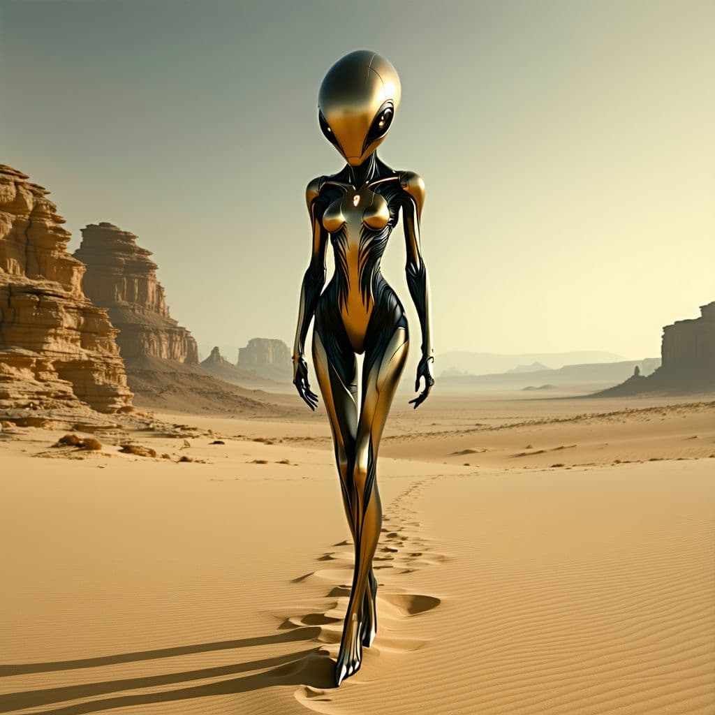 AI generated: alien creature in desert art hd, in the style of futuristic glamour, dark beige and gold, low depth ...