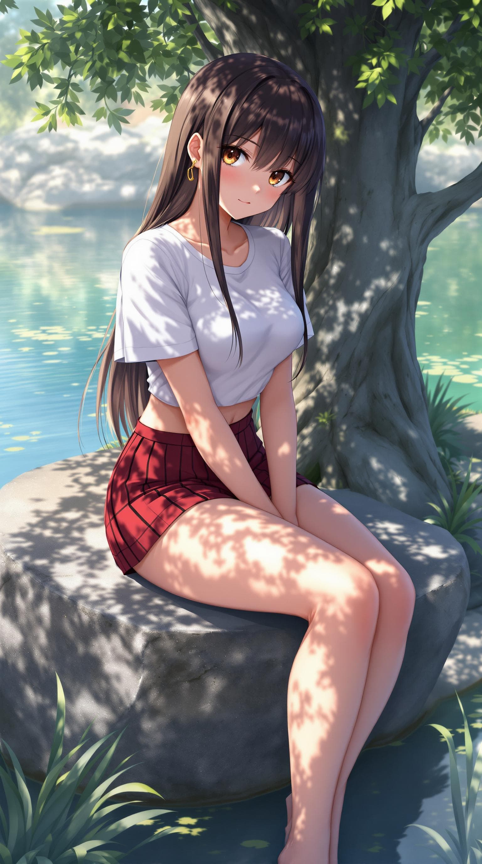 AI generated: realistic anime style , a girl, perfect anatomy, wearing a white short sleeves shirt, red pleated mi...