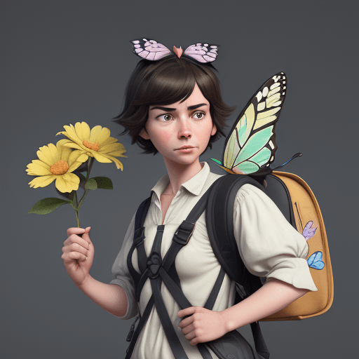 AI generated: 3d model of a cartoon butterfly with backpack on her back, holding a flower, in the style of ilya ku...