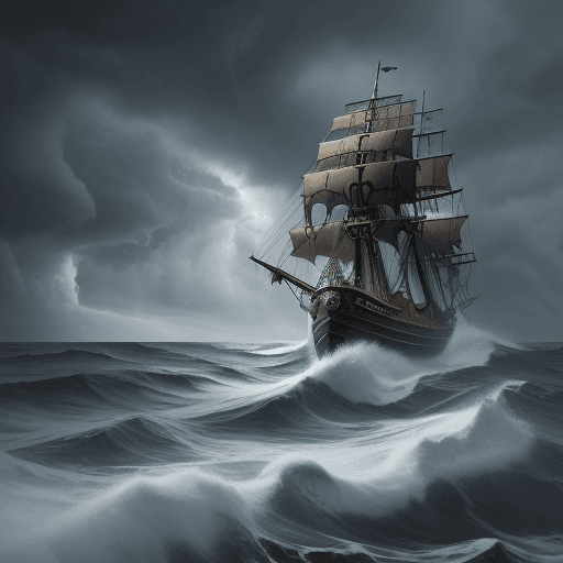 AI generated: stormy sky, rough sea, open sea, deep sea, sinking pirate ship
