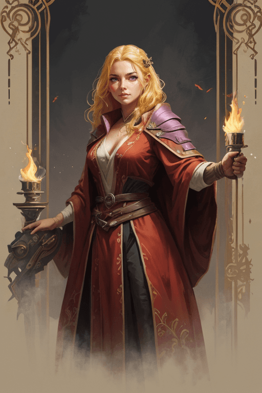 AI generated: A young female mage, red robe, golden hair, purple eyes, mage tower background, detailed illustratio...