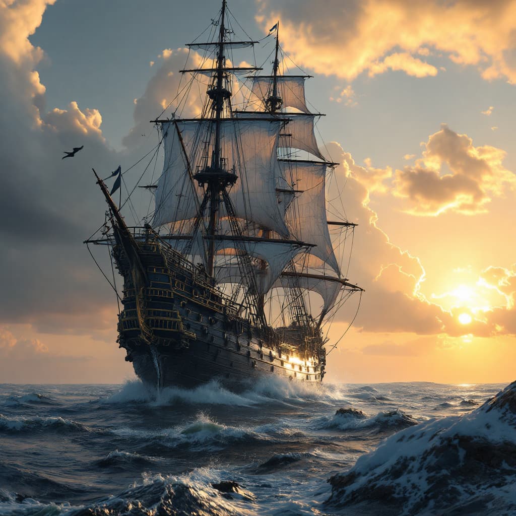 AI generated: Photo of a ultra realistic sailing ship, dramatic light, pale sunrise, cinematic lighting, battered,...