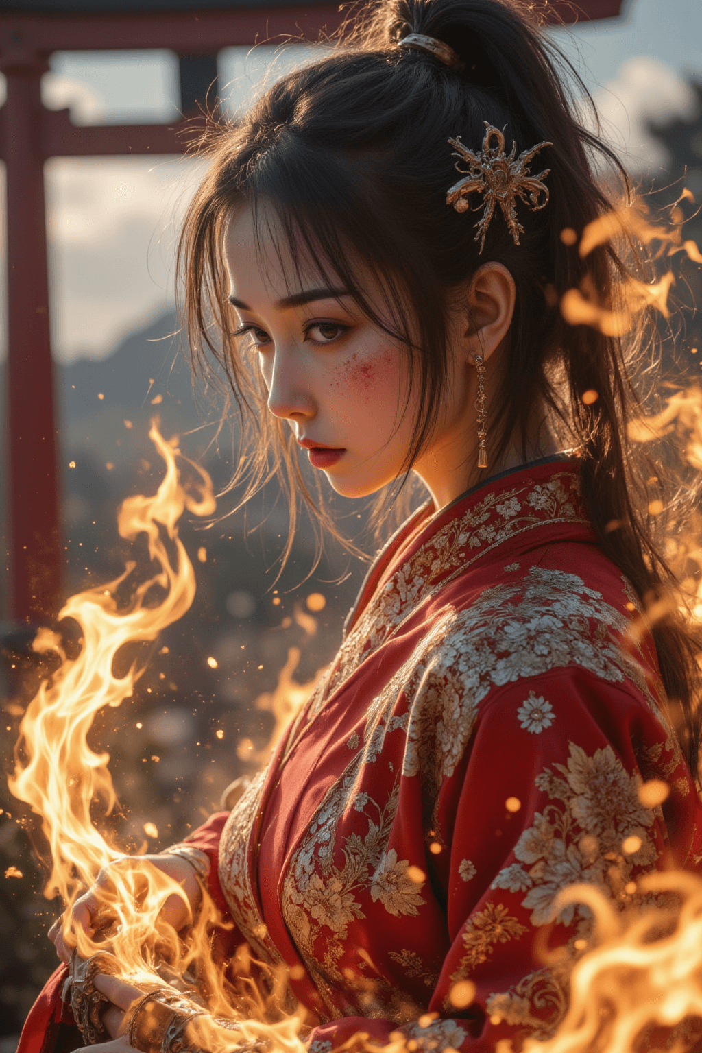 AI generated: A half-body portrait of a female chinese warrior in a photorealistic style. She wears a red kimono w...