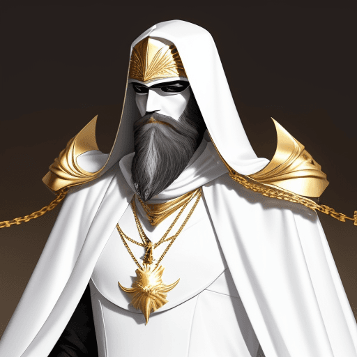 AI generated: A tall slender man with a long black beard wearing  white armor with a golden chain from the left sh...