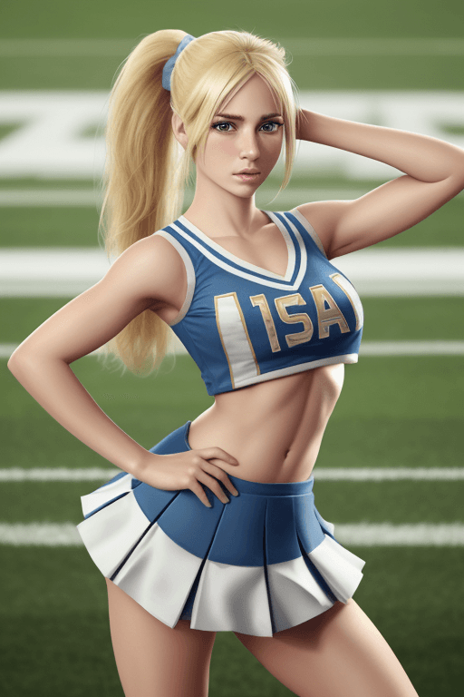 AI generated: Realistic beautiful blonde girl Argentinian wearing ponytail wearing cheerleader outfit standing on ...