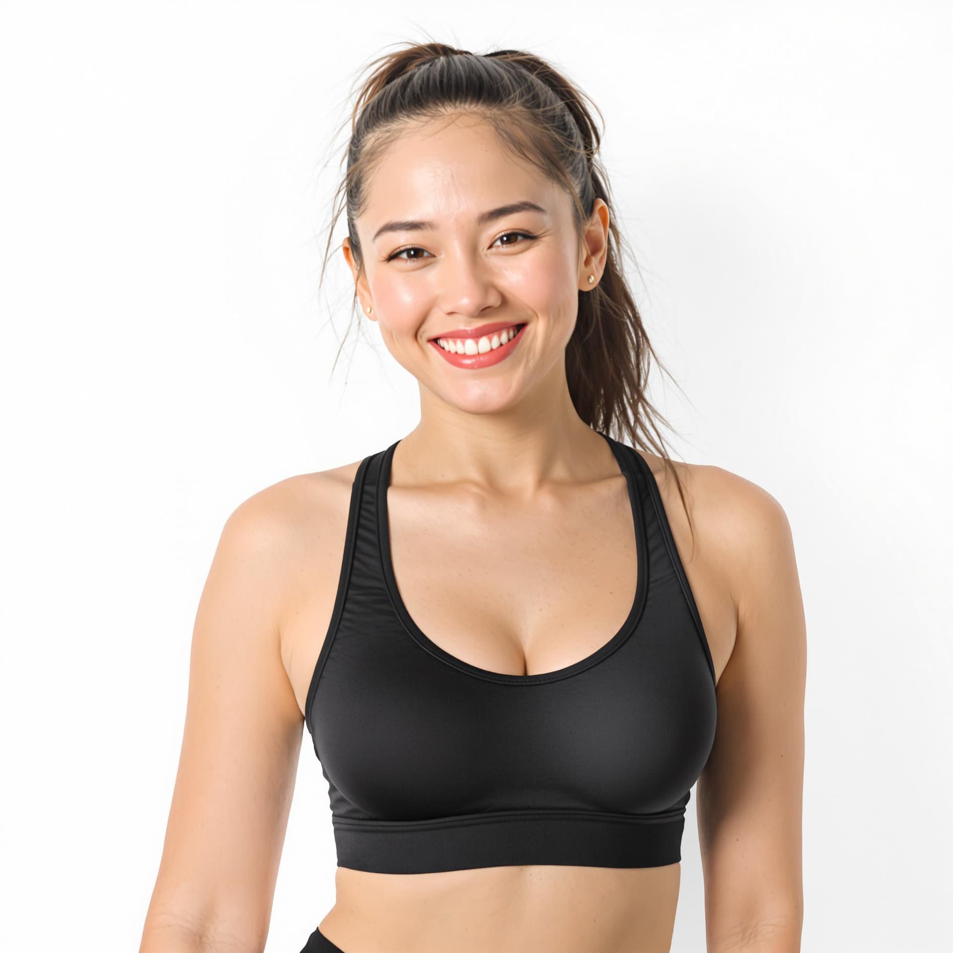 AI generated: a professional photograph of a regular asian woman in a black sports bra and matching black shorts. ...