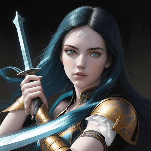 AI generated: Photo-realism of a beautiful young woman with black hair and blue streaks, brilliant green eyes, ver...