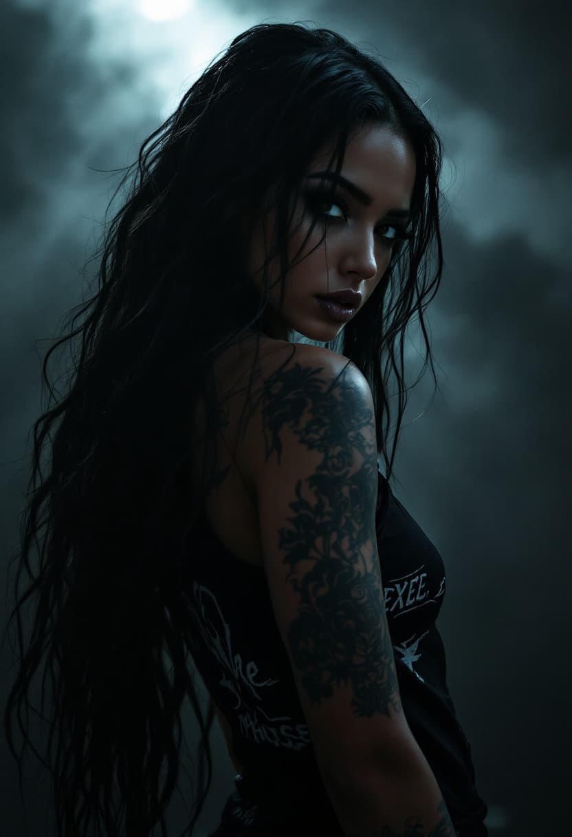 AI generated: a moody, cinematic photograph of a mysterious female rapper with lush, long hair cascading down her ...