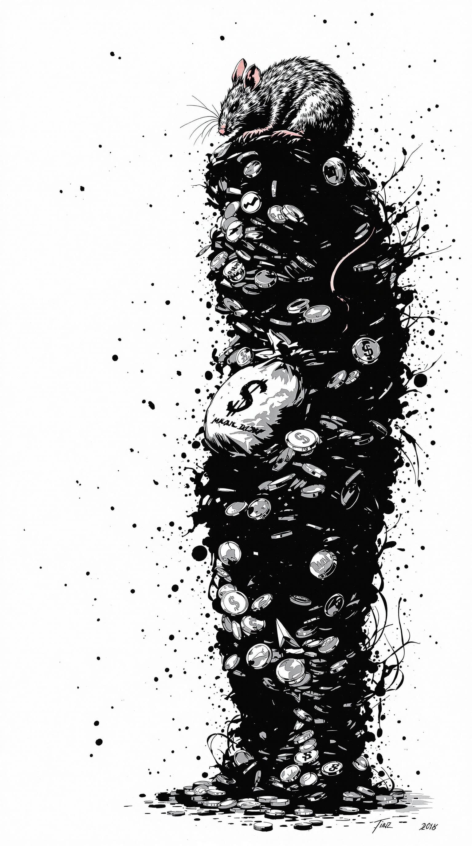 AI generated: Coins, money bag, paper airplane, detailed,full-body shots,ink style,Ink splash art on the backgroun...