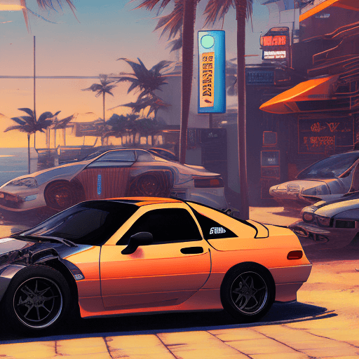 AI generated: cyber punk mechanical orange honda integra dc5 next to silver 1995 mazda mx5-na, in beautiful beach ...