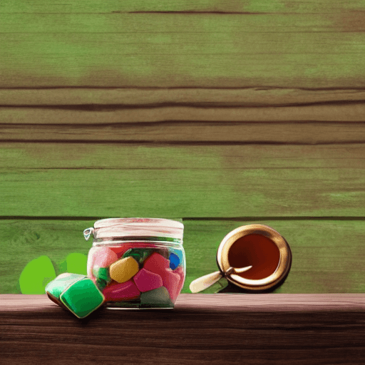 AI generated: A jar of sweets, with a backdrop of a green wall in the background, placed on a rustic wooden table,...