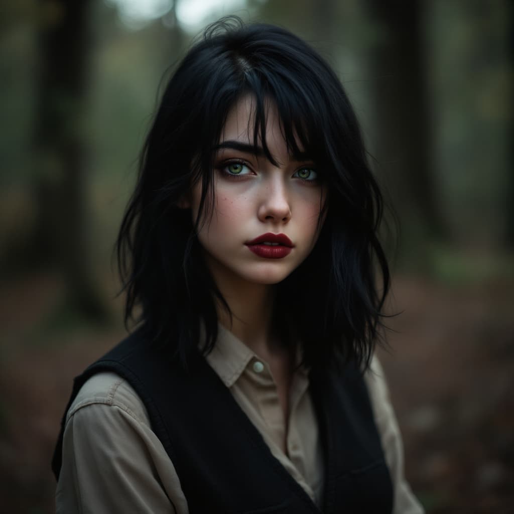 AI generated: 20 year old black haired girl, shoulder length black hair, stunning green eyes. wearing vest and sta...