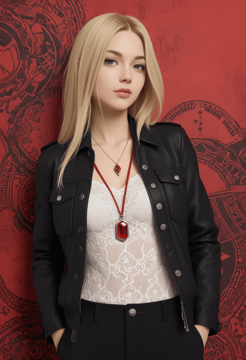 AI generated: Collage style Stylized portrait of a woman with long blonde hair,black lace bralette,black jacket,ha...