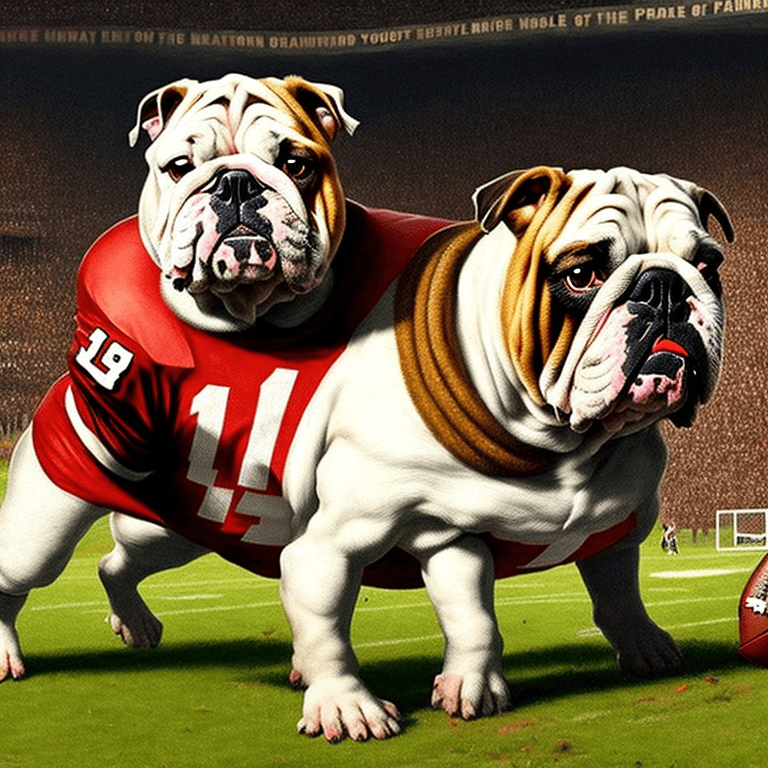 AI generated: English Bulldog in NFL uniform, helmet on the ground, football game background by Carvaggio, Doré, H...