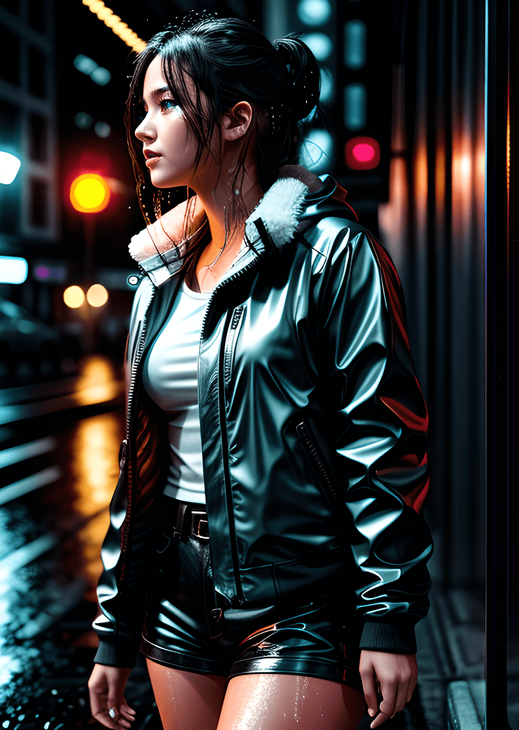 AI generated: a girl in street, in a rainy night, neon lights, hyper realistic rendering, night-time, wide angle l...