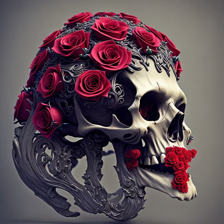AI generated: skull made of red roses, organic horror, devil, death, giger, epic, baroque, art nouveau, james jean...