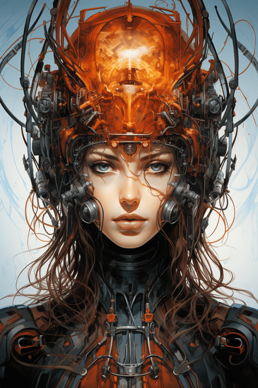 AI generated: cyber woman with cybernetic face and metal features, in the style of jacek malczewski, dark orange a...
