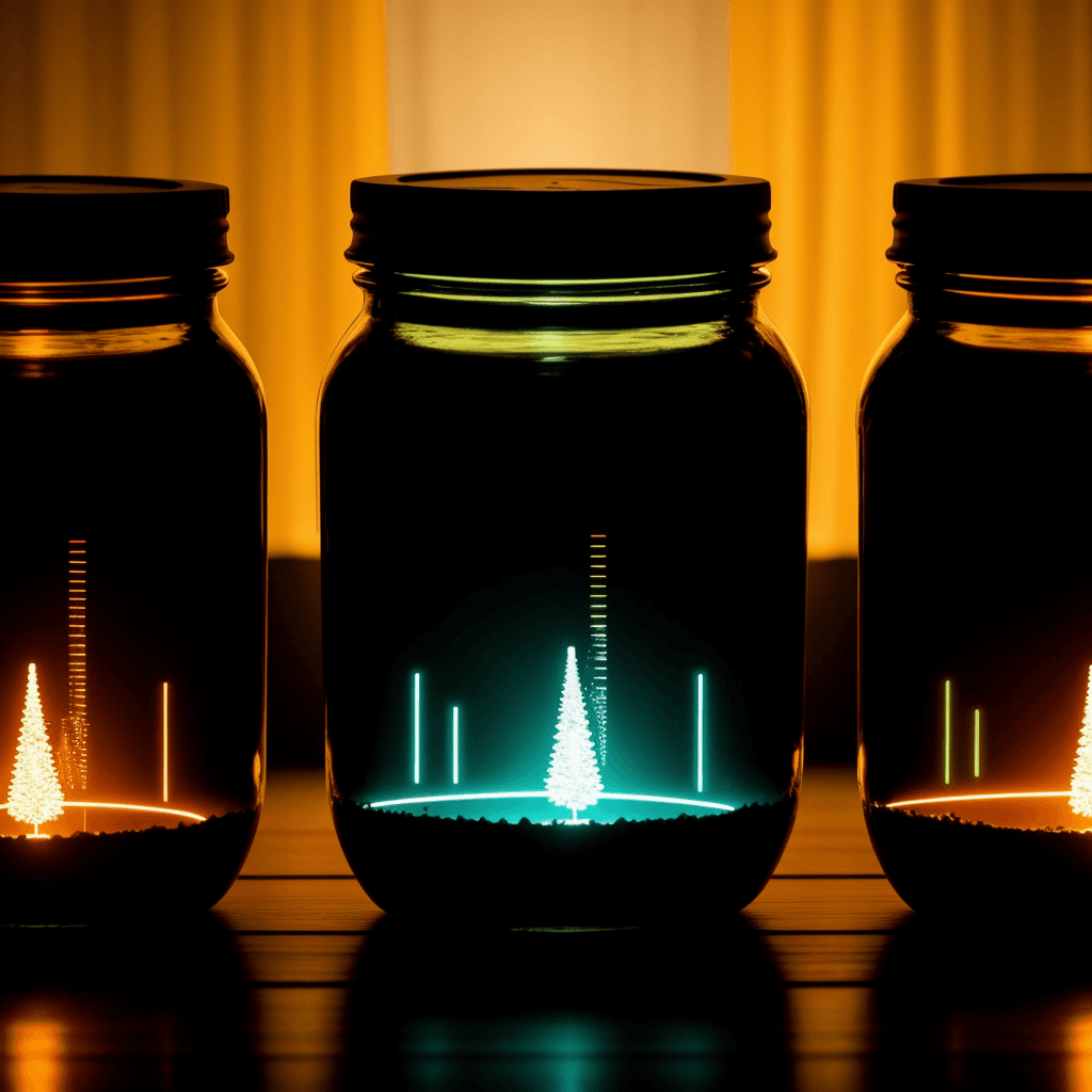 AI generated: cinematic fill still, cyberpunk neon lights, a photo of forest and sunset trapped inside three jars,...