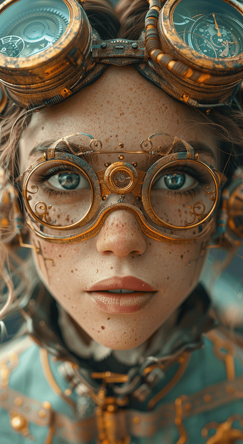 AI generated: 3d image of a steampunk woman, in the style of bella kotak, gold and cyan, photorealistic detail, da...