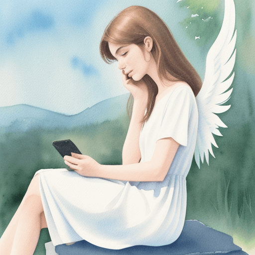 AI generated: a  angel silently contemplates as another man is looking at his cell phone in watercolor style