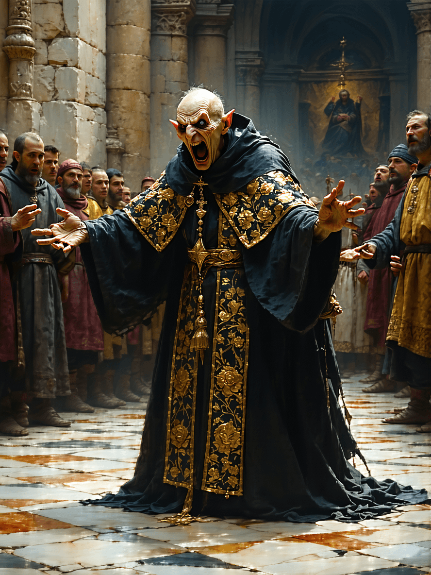 AI generated: An ugly Priest from the Spanish Inquisition dressed in an elaborate black and gold robe. He has a lo...