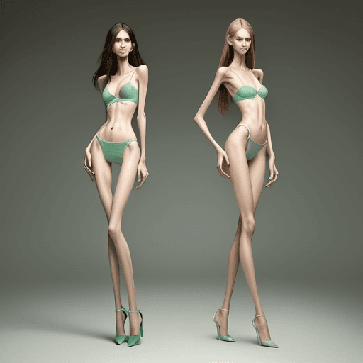 AI generated: photo of an extremely skinny, flat-chested two models with extreme long and skinny legs and long fee...