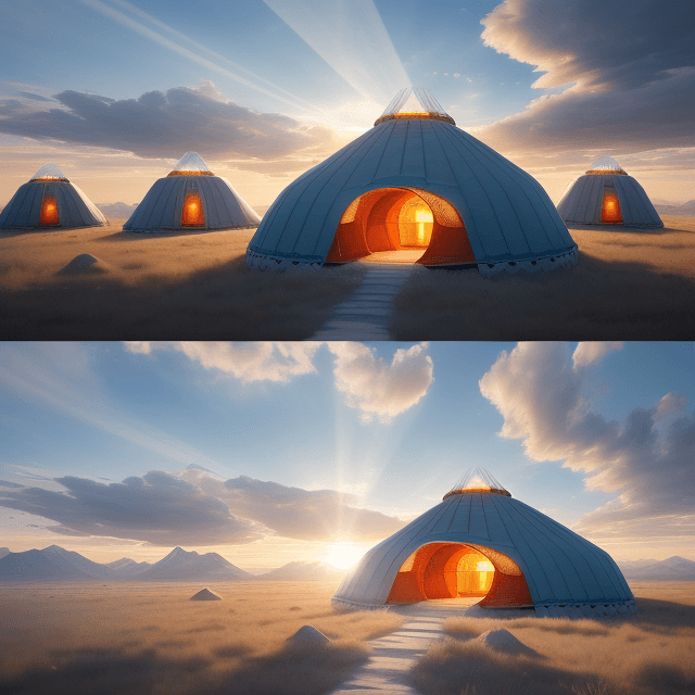 AI generated: Kazakh tradition yurt. image ultra HD  . Yurt futuristic parametric buildings.  the clouds extend be...
