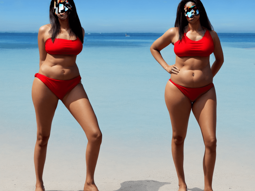 AI generated: full body view, AOC wearing a bikini, curvy chest and hips, thin waist --beta --ar 9:32 --upbeta --u...